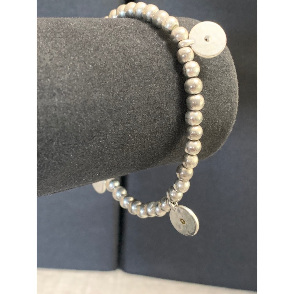 Silver Tone Beaded Stretch Bracelet Rustic Disc Charm Crystal Accents 7 Inch